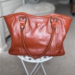 Vintage Nordstrom Classic Leather Tote Bag in Cognac Brown/Red. Rare